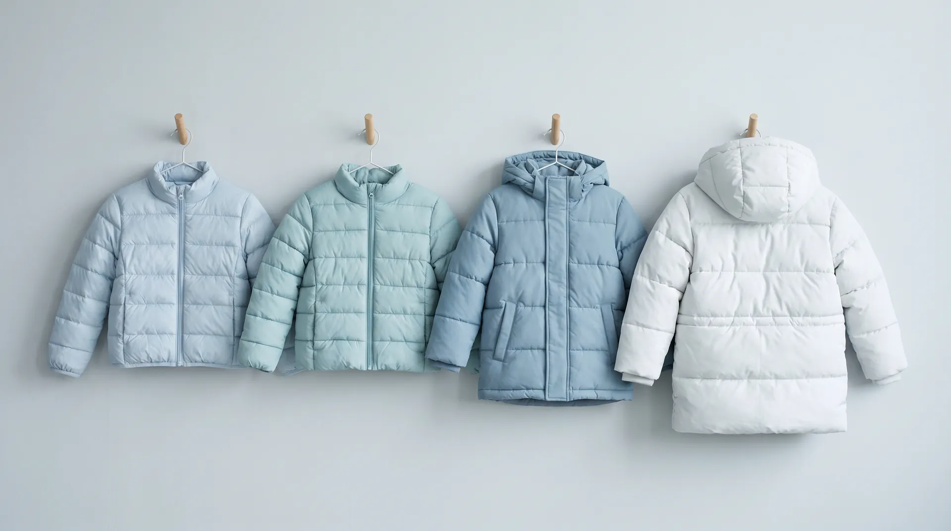 Four children's puffer jackets hanging in a row, each thicker and more heavily quilted than the last.